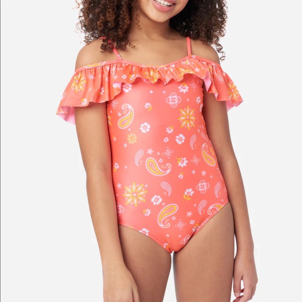 NWT Justice girls swimsuit, coral off-shoulder paisley print, Medium (10)